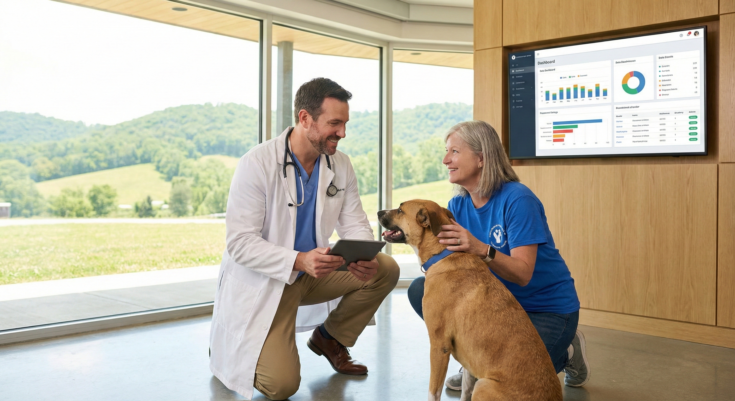 Vet and pet owner with dog at a modern clinic