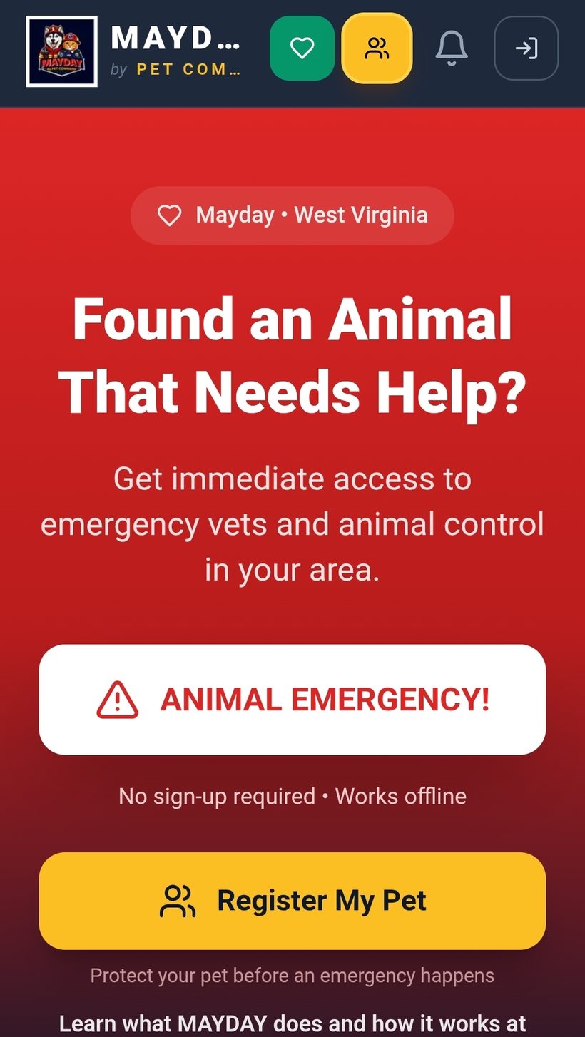 Screenshot of the MAYDAY app home screen: 'Found an Animal That Needs Help?'