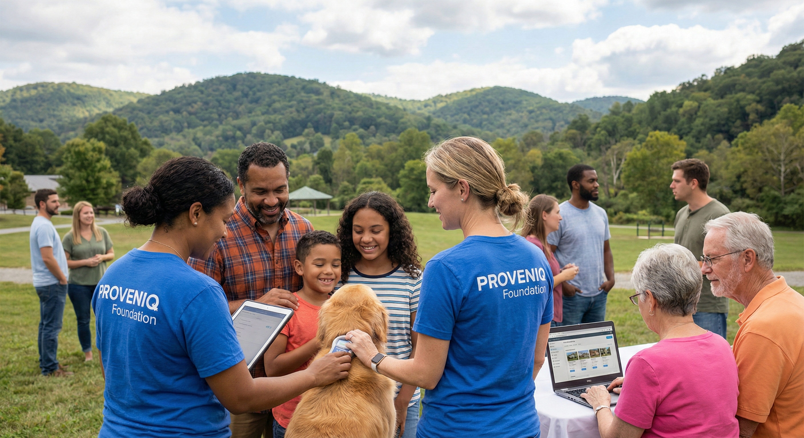 PROVENIQ Foundation volunteers with a family and their dog